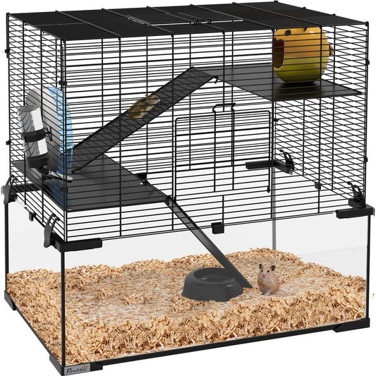 Hamster Cage, 23.5" Gerbil Cage with Glass Basin, Ramps, Platforms, Hut, Exercise Wheel, for Small Hamsters, Black