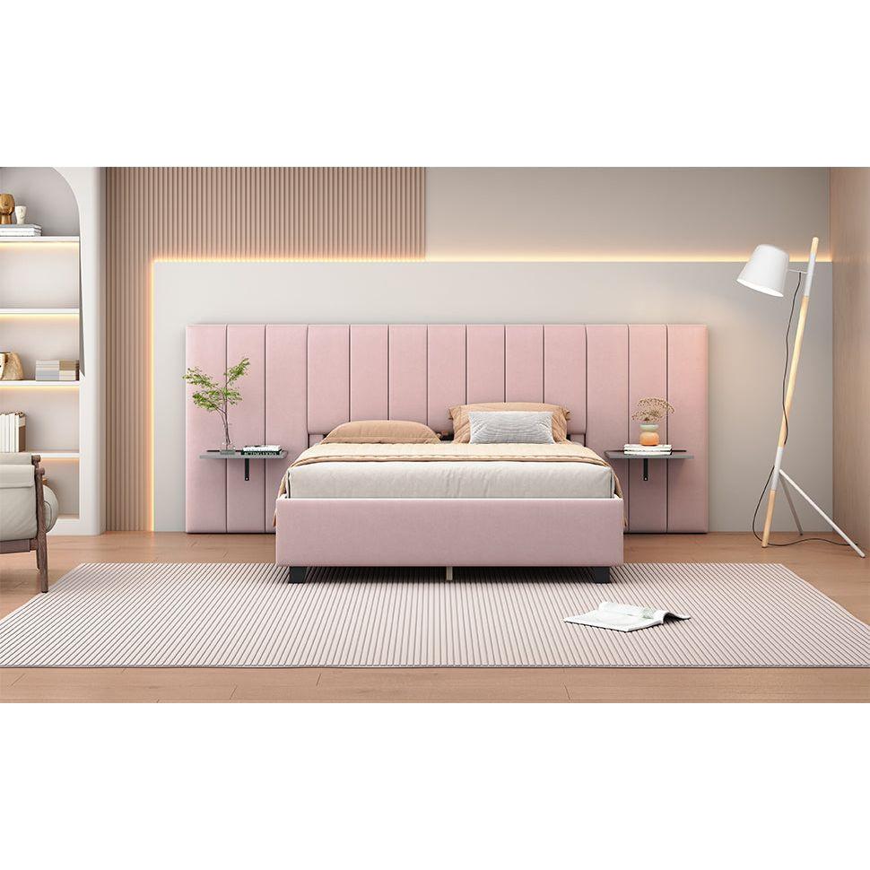 Queen Size Upholstered Platform Bed with Big Headboard, Bedroom Furniture, Velvet, Pink