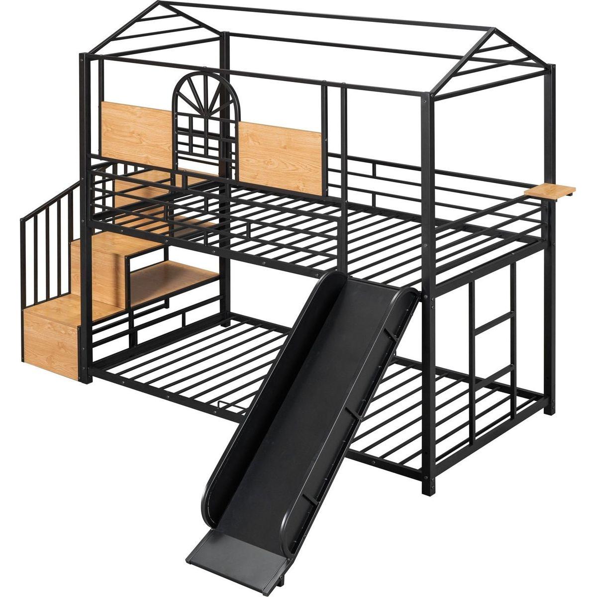 Twin Over Twin Metal Bunk Bed, Metal Housebed with Slide and Storage Stair, Black with Black Slide