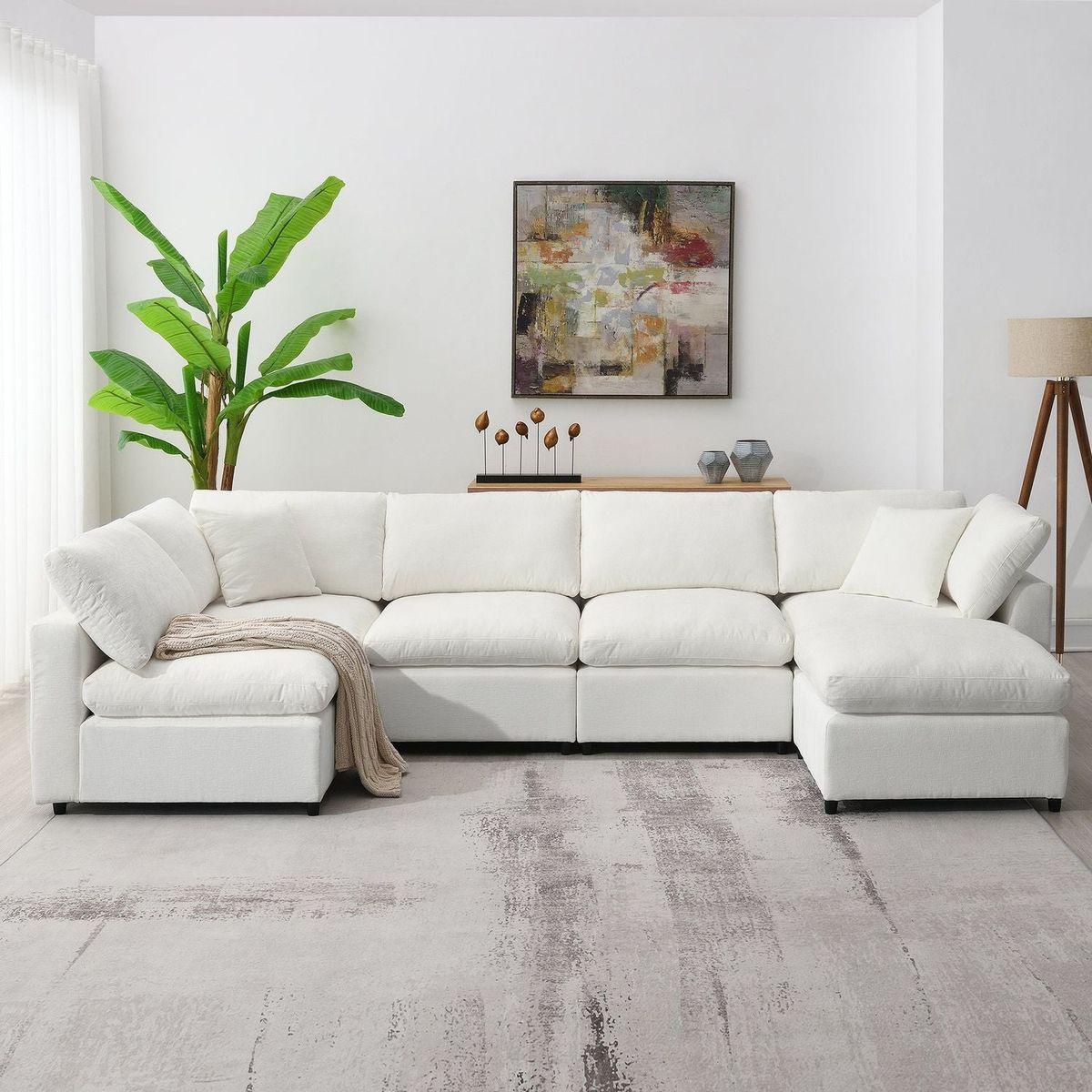 130x65" Modern Modular Cloud Sofa Bed, 6 Seat Chenille Sectional Couch Set with Ottoman,Free Combination,Convertible U Shaped Sleeper Sofa for Living Room, Apartment, 3 Colors