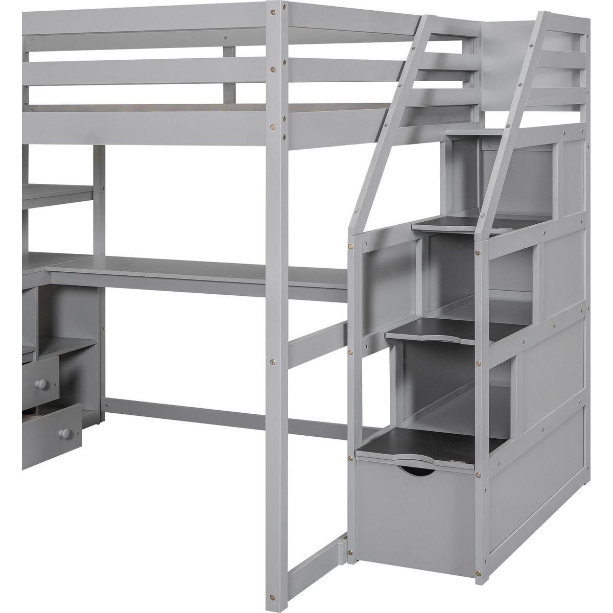 Full Size Loft Bed with Desk and Shelves, Two Built-in Drawers, Storage Staircase, Gray