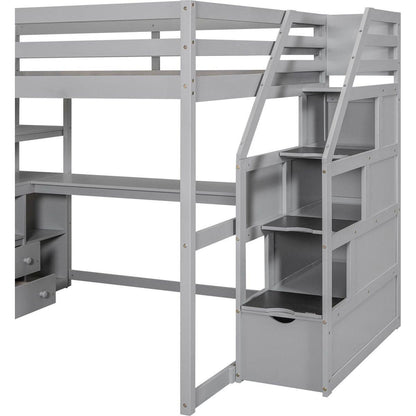Full Size Loft Bed with Desk and Shelves, Two Built-in Drawers, Storage Staircase, Gray