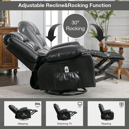 Massage Swivel Rocker Recliner Chair with Vibration Massage and Heat Ergonomic Lounge Chair for Living Room with Rocking Function and Side Pocket 2 Cup Holders USB Charge Port, black.