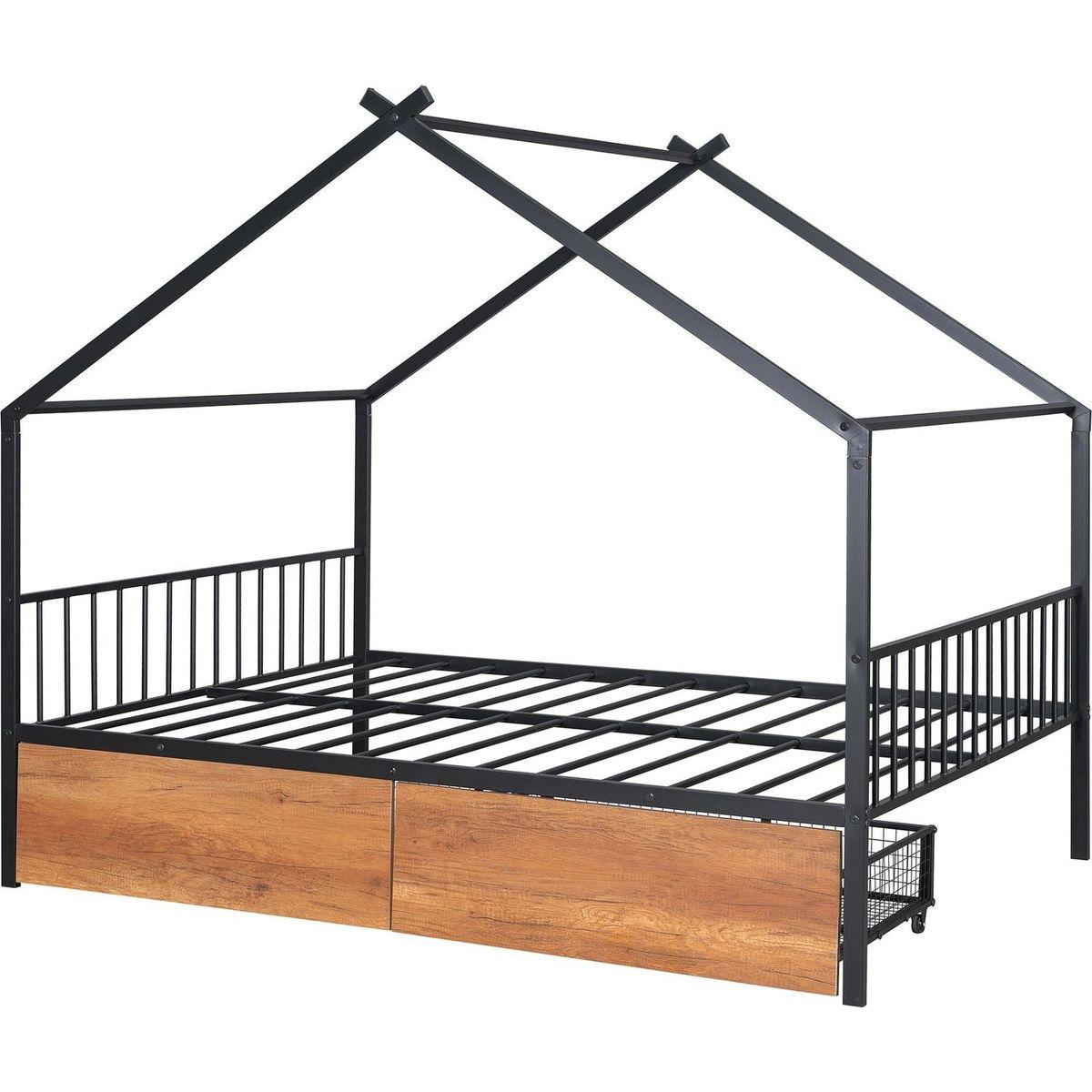 Full Size Metal House Bed with Two Drawers, Black
