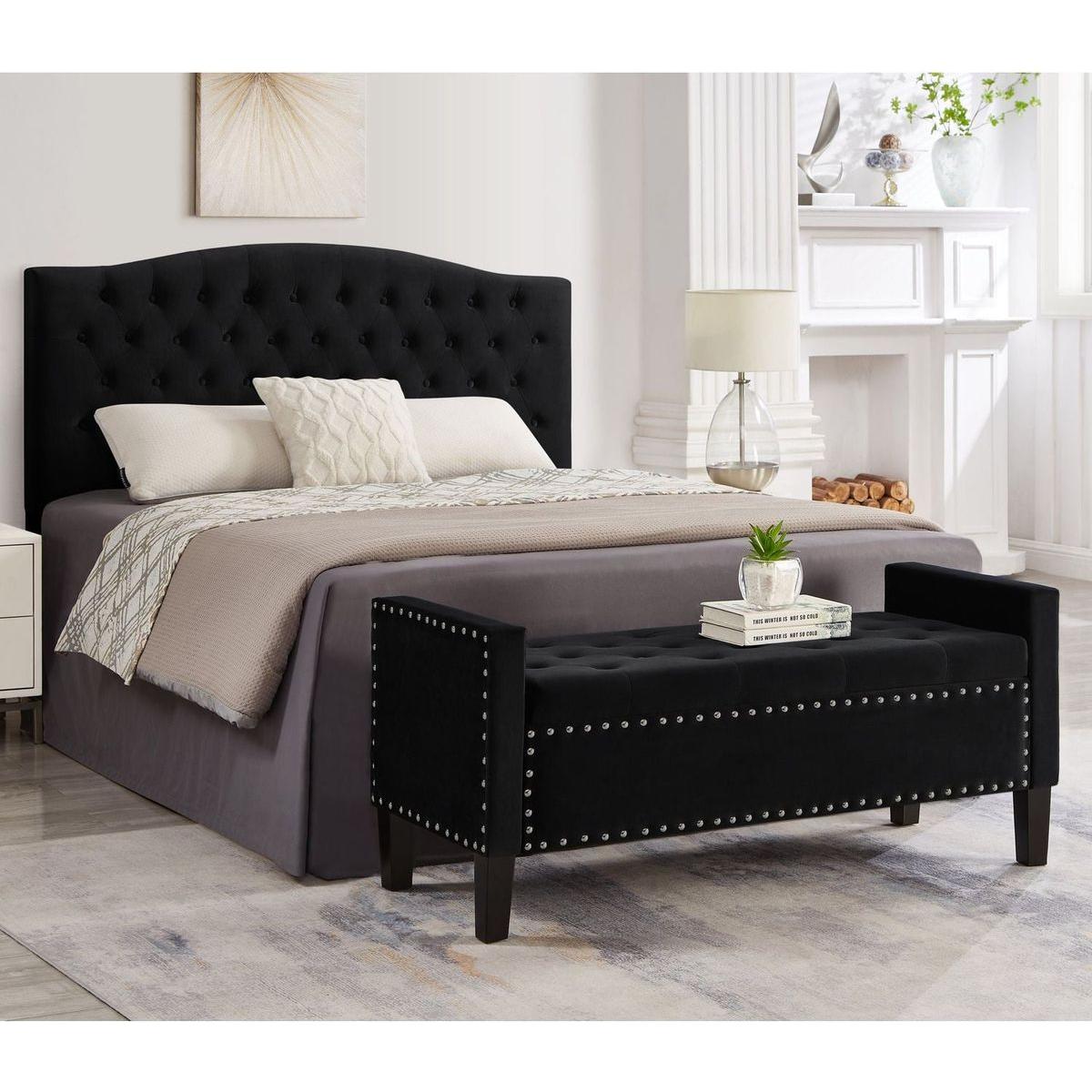 Upholstered Tufted Button Storage Bench with nails trim,Entryway Living Room Soft Padded Seat with Armrest,Bed Bench-Black