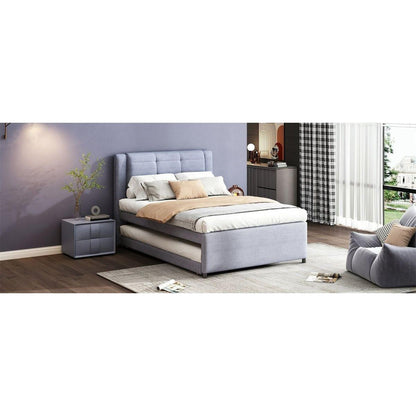Full Size Upholstery platform bed with Trundle,Trundle can be flat or erected, Gray