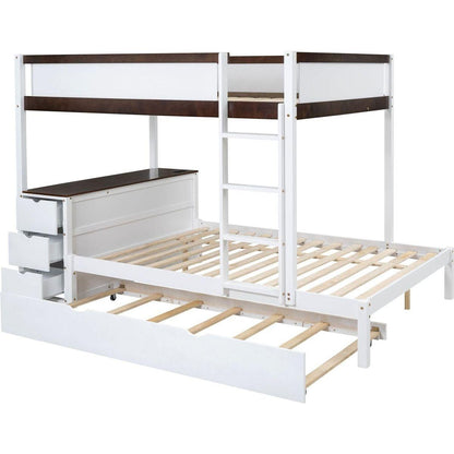 Full-Over-Full Bunk Bed with Twin size Trundle, Storage and Desk, White+Walnut