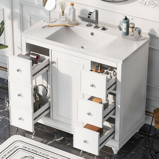 Contemporary White Bathroom Vanity Cabinet - 36x18x34 inches, 4 Drawers & 1 Cabinet Door, Multipurpose Storage, Resin Integrated Sink, Adjustable Shelves, Solid Wood Frame with MDF