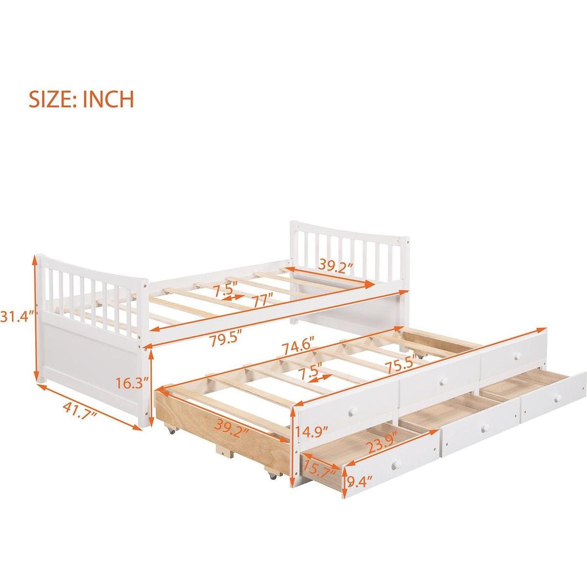 Daybed with Trundle and Drawers, Twin Size, White