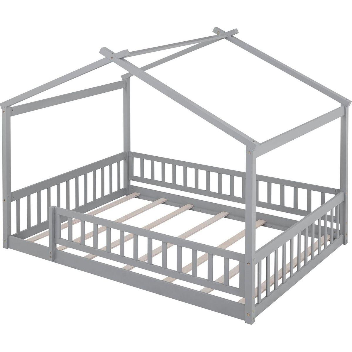 Full Size Wood Bed House Bed Frame with Fence, for Kids, Teens, Girls, Boys,Gray