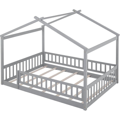 Full Size Wood Bed House Bed Frame with Fence, for Kids, Teens, Girls, Boys,Gray