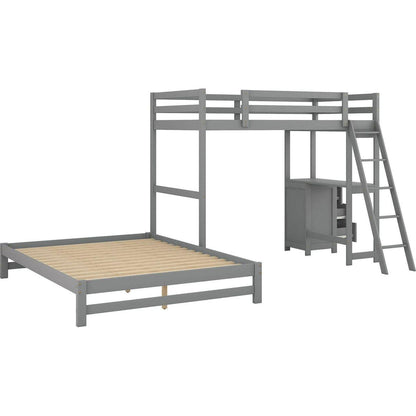 Twin over Full Bunk Bed with Built-in Desk and Three Drawers,Grey