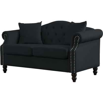 57" Chesterfield Sofa Black Velvet for Living Room, 2 Seater Sofa Tufted Couch with Rolled Arms and Nailhead for Living Room, Bedroom, Office, Apartment, two pillows