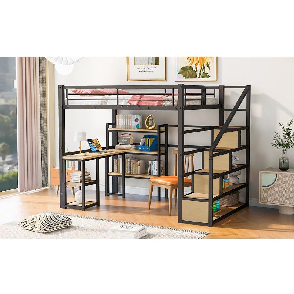 Full Size Metal Loft bed with Staircase, Built-in Desk and Shelves, Black