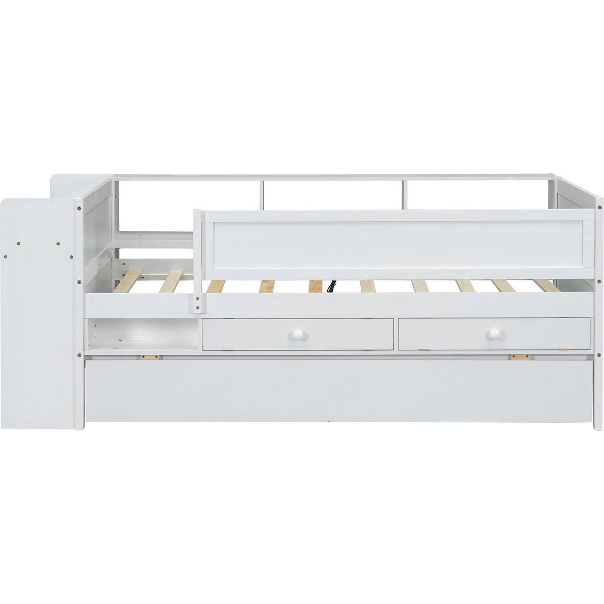 Multi-Functional Twin Daybed with Drawers and Trundle, Headboard Storage and Tables, USB Charging Station, White