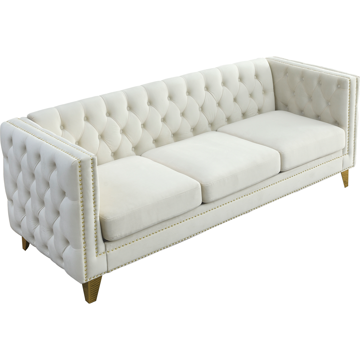 Velvet Sofa for Living Room,Buttons Tufted Square Arm Couch, Modern Couch Upholstered Button and Metal Legs, Sofa Couch for Bedroom, Beige Velvet, 2PCS