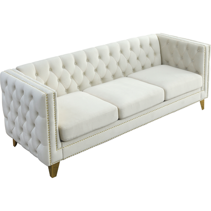 Velvet Sofa for Living Room,Buttons Tufted Square Arm Couch, Modern Couch Upholstered Button and Metal Legs, Sofa Couch for Bedroom, Beige Velvet, 2PCS