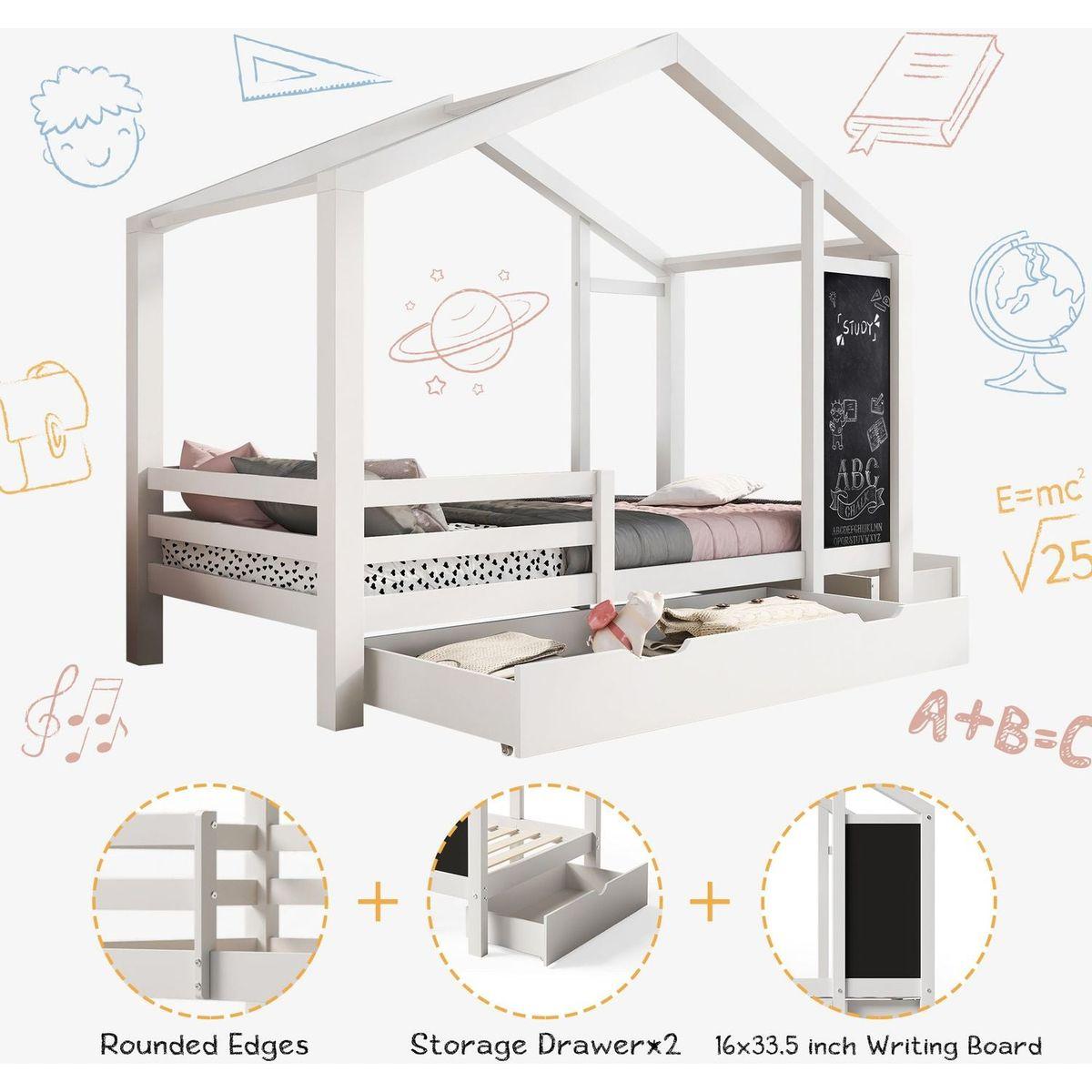 Twin House Bed with Blackboard and Drawers, Two assembly options, White