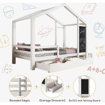 Twin House Bed with Blackboard and Drawers, Two assembly options, White