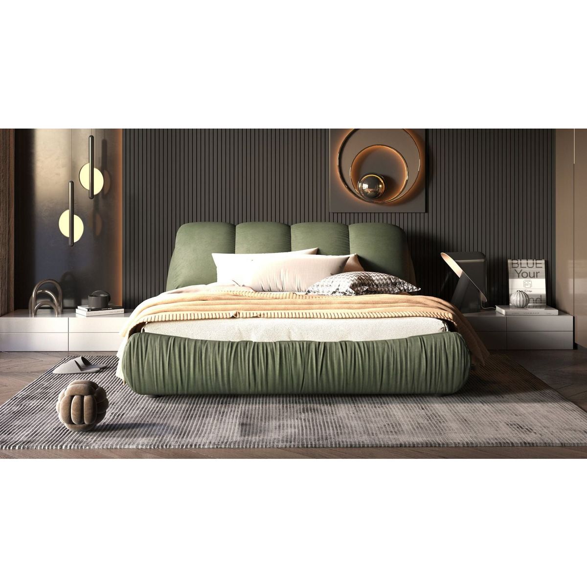 Queen Size Luxury Upholstered Platform Bed with Oversized Padded Backrest and Solid Wood Frame,suitable for Multiple heights of mattresses,Green