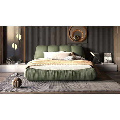 Queen Size Luxury Upholstered Platform Bed with Oversized Padded Backrest and Solid Wood Frame,suitable for Multiple heights of mattresses,Green