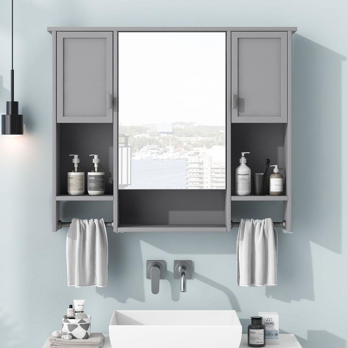 35" x 28" Modern Wall Mounted Bathroom Storage Cabinet, Bathroom Wall Cabinet with Mirror, Medicine Cabinet with Towels Bar