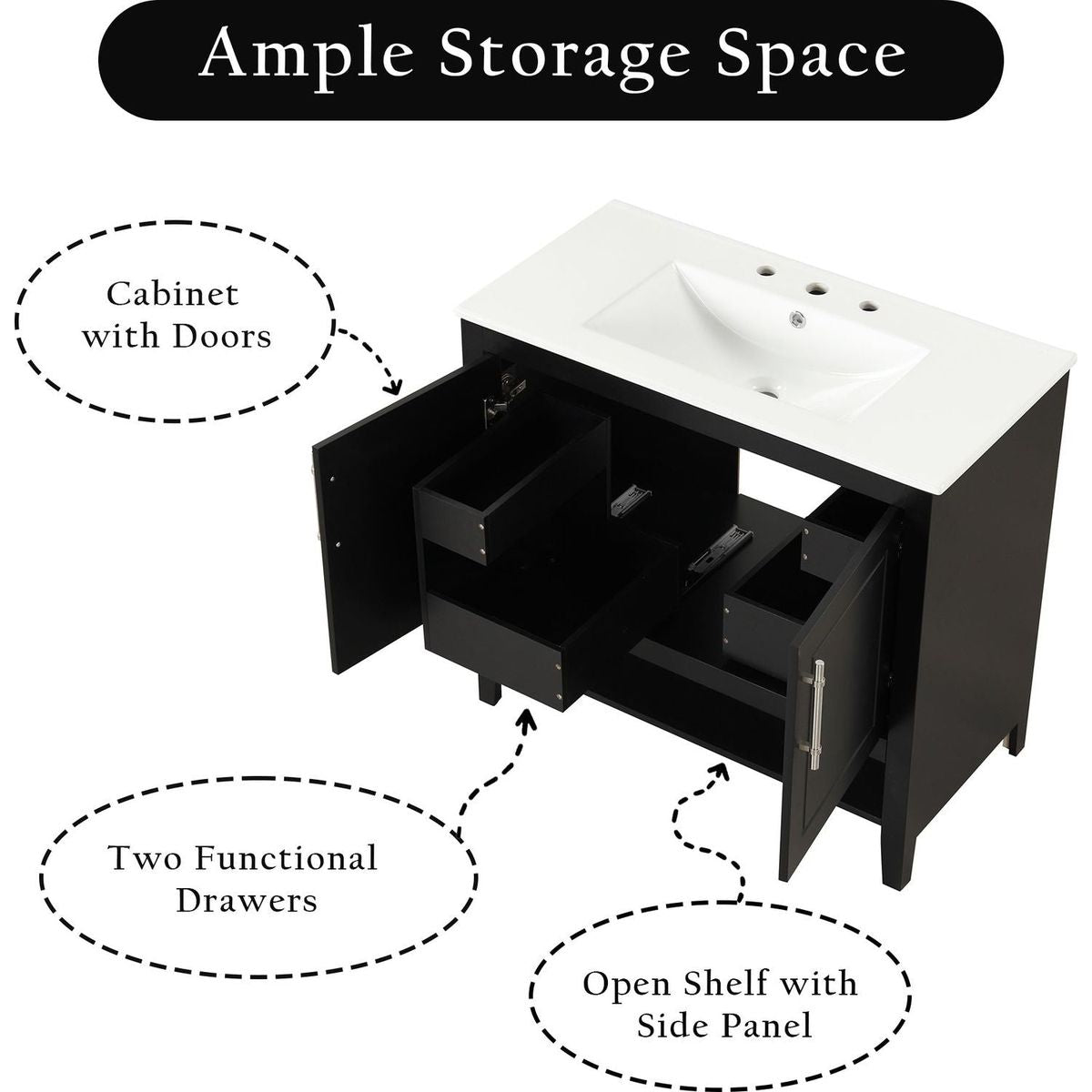 36" Bathroom Vanity with Sink, Multi-functional Bathroom Cabinet with Doors and Drawers, MDF Frame and MDF Board, Black