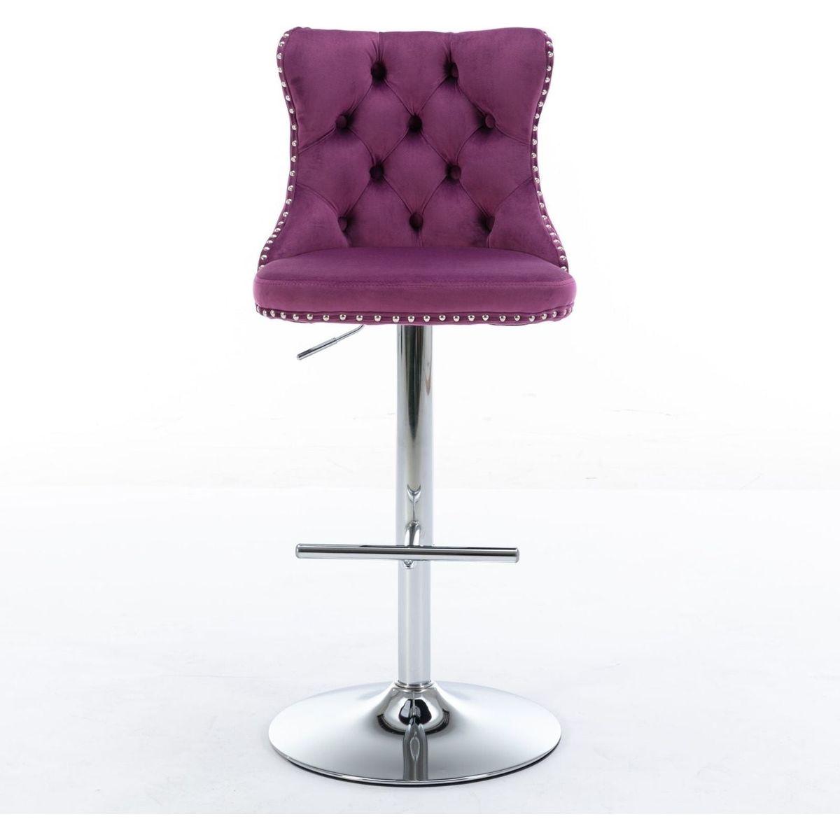 Swivel Velvet Barstools Adjusatble Seat Height from 25-33 Inch, Chrome base Bar Stools with Backs Comfortable Tufted for Home Pub and Kitchen Island, Purple,Set of 2