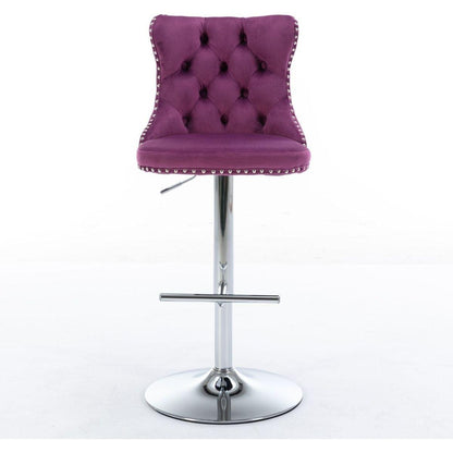 Swivel Velvet Barstools Adjusatble Seat Height from 25-33 Inch, Chrome base Bar Stools with Backs Comfortable Tufted for Home Pub and Kitchen Island, Purple,Set of 2