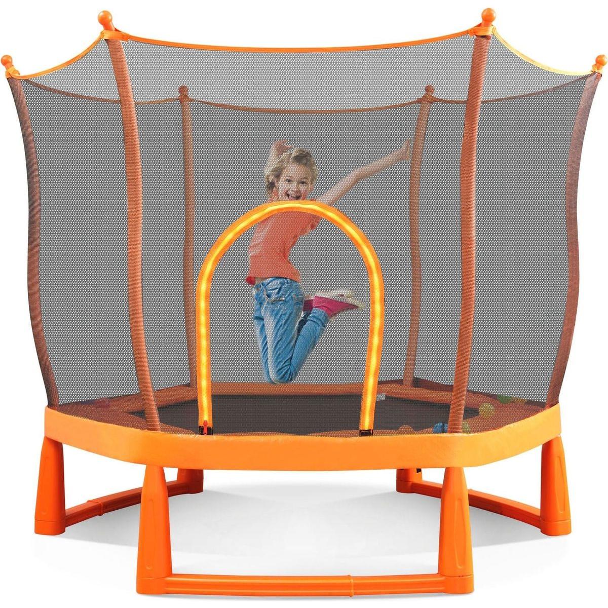 6FT Toddlers Trampoline with Safety Enclosure Net and Ocean Balls, Fully Protected Indoor Trampoline and Ball Pit Balls for Kids, Easy Assembly Lotus Shape for Spaciousness