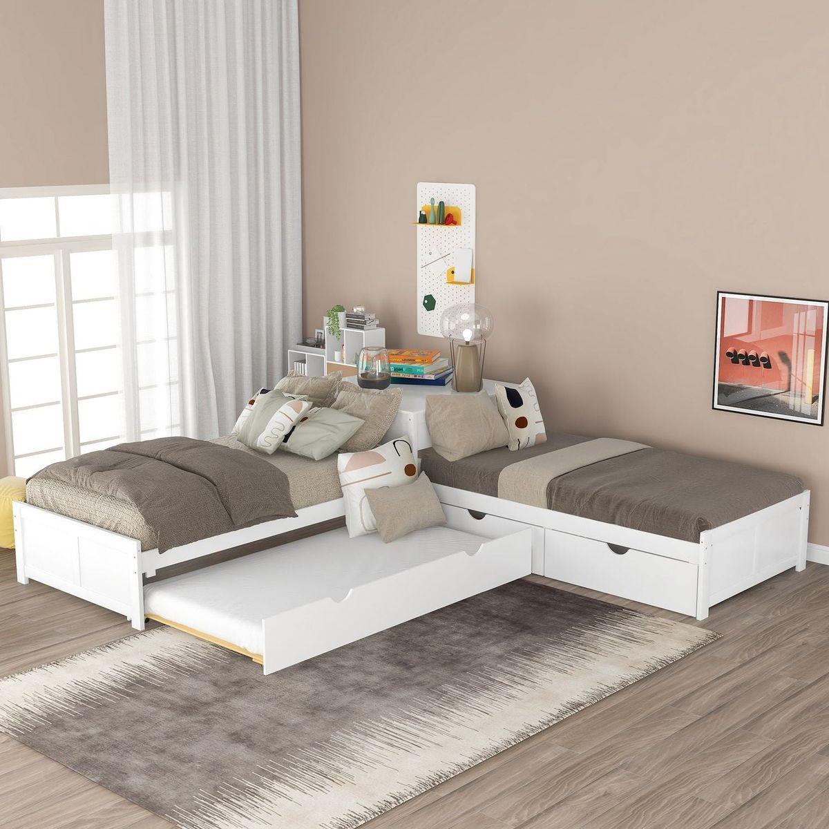 L-shaped Platform Bed with Trundle and Drawers Linked with built-in Desk,Twin,White(Old SKU:SM000916AAK-1) - Streamdale Furniture