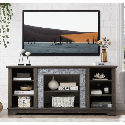 Mantel Stone TV Media Stand with with Faux Stacked Stone Surround, Modern Entertainment Console with Open Storage Space,Grey, 58.31"Wx15.39"Dx26.06"H