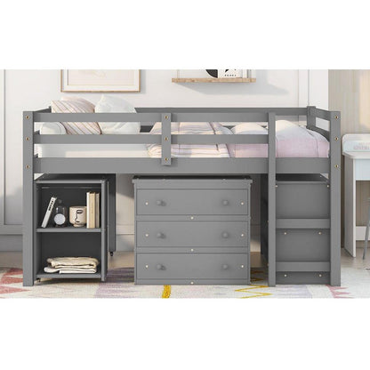 Low Study Full Loft Bed with Cabinet, Shelves and Rolling Portable Desk, Multiple Functions Bed- Gray