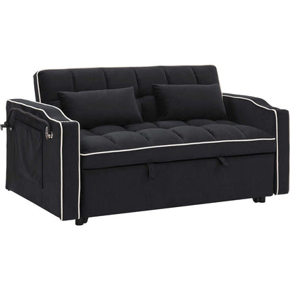 55.51 inch versatile foldable sofa bed in 3 lengths, modern sofa sofa sofa velvet pull-out bed, adjustable back and with USB port and ashtray and swivel phone stand (Black)