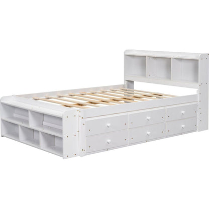 Full Bed with Bookcase Headboard, Under bed Storage Drawers and Bed End Storage Case,White