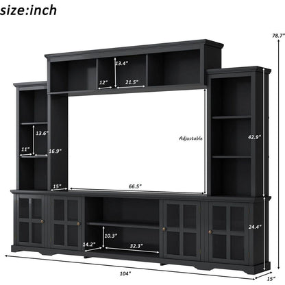 Minimalism Style Entertainment Wall Unit with Bridge, Modern TV Console Table for TVs Up to 70", Multifunctional TV Stand with Tempered Glass Door, Black