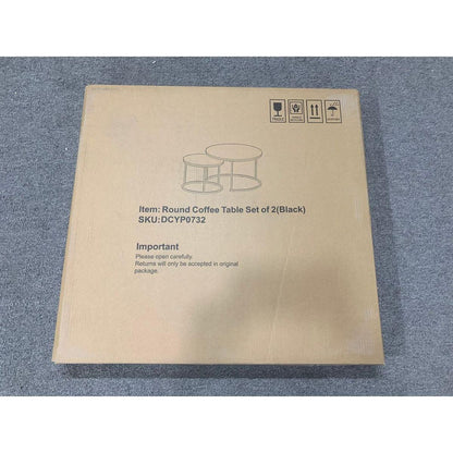 Nesting Coffee Table Set of 2, 27.6inch Round Coffee Table Wood Marble Pattern Top with Sturdy Metal Frame, End Table Side Tables for Living Room Bedroom Balcony Yard (Black)