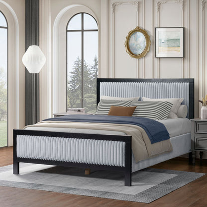 Queen Upholstered Bed with Fluffy Soft Headboard,Grey+Black Frame