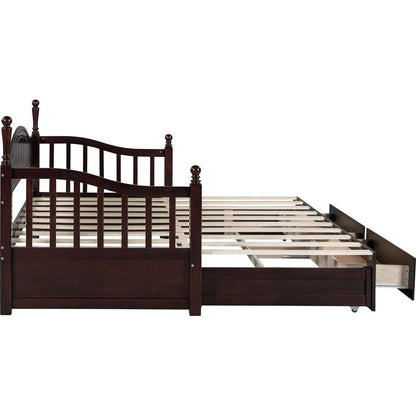 Wooden Twin Size Daybed with Twin Size Trundle, Extendable Daybed with Two Storage Drawers, Espresso