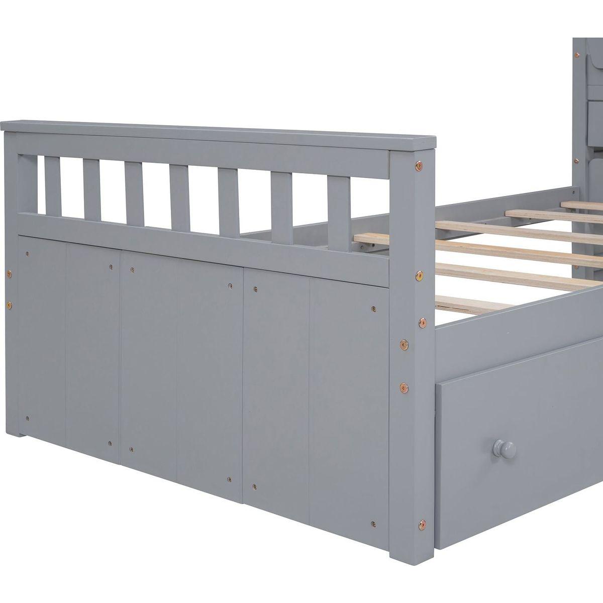 L-shaped Space-Saving Twin Loft and Twin Platform Bed with 7 Drawers and Full Guardrails(GRAY)