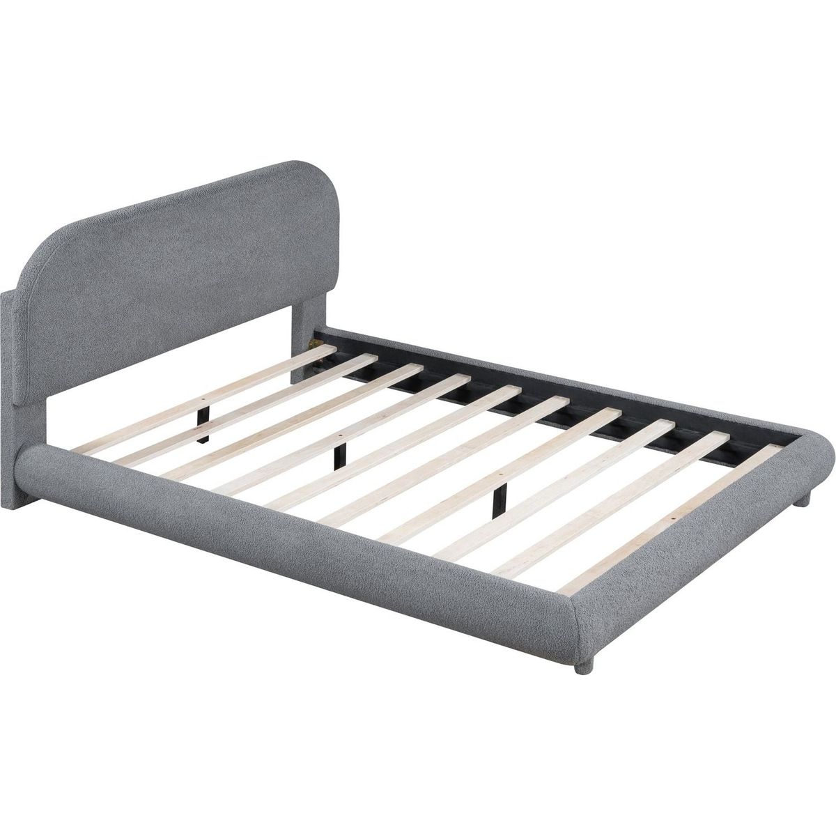 Teddy Fleece Full Size Upholstered Platform Bed with Thick Fabric, Solid Frame and Stylish Curve-shaped Design, Gray