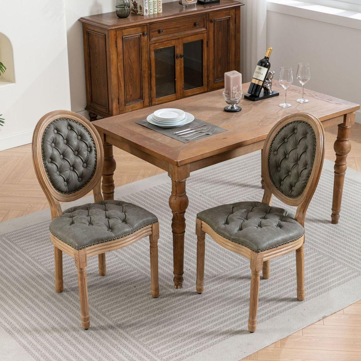 French Style Solid Wood Frame Antique Painting,Hand-pulled buckle decoration PU artificial leather Dining Chair with Nailhead Trim, Wood Legs,Set of 2,White Pine Green