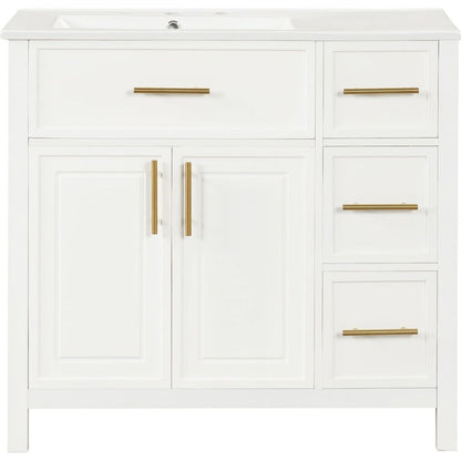 36" Bathroom Vanity with Sink Top, Bathroom Vanity Cabinet with Two Doors and Three Drawers, Solid Wood, MDF Boards, One Package, Off White