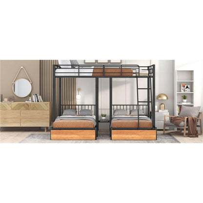 Full Over Twin & Twin Bunk Bed, Metal Triple Bunk Bed with Drawers and Guardrails, Black