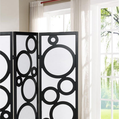 Arvada 4-Panel Wood Room Divider with Circle Pattern, Black