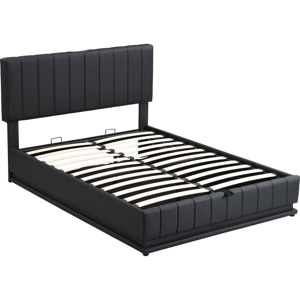 Full Size Upholstered Bed with Hydraulic Storage System and LED Light, Modern Platform Bed with Sockets and USB Ports, Black