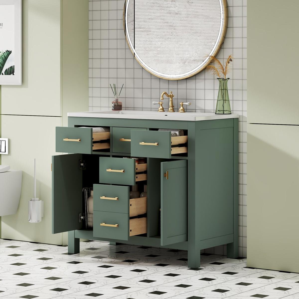 36" Bathroon Vanity with Resin Sink Combo Set,Modern Freestanding Single Bathroom Cabinet with 4 Drawers & 2 Cabinets,Storage Cabinet for Bathroom, Solid Wood Frame Vanity Set, Green