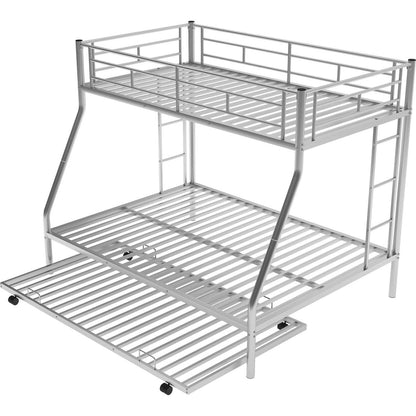 Twin over Full Bed with Sturdy Steel Frame, Bunk Bed with Twin Size Trundle, Two-Side Ladders, Silver
