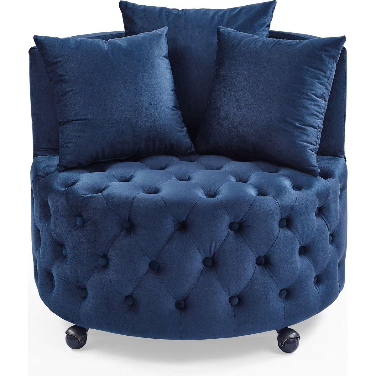 Velvet Upholstered Swivel Chair for Living Room, with Button Tufted Design and Movable Wheels, Including 3 Pillows, Blue