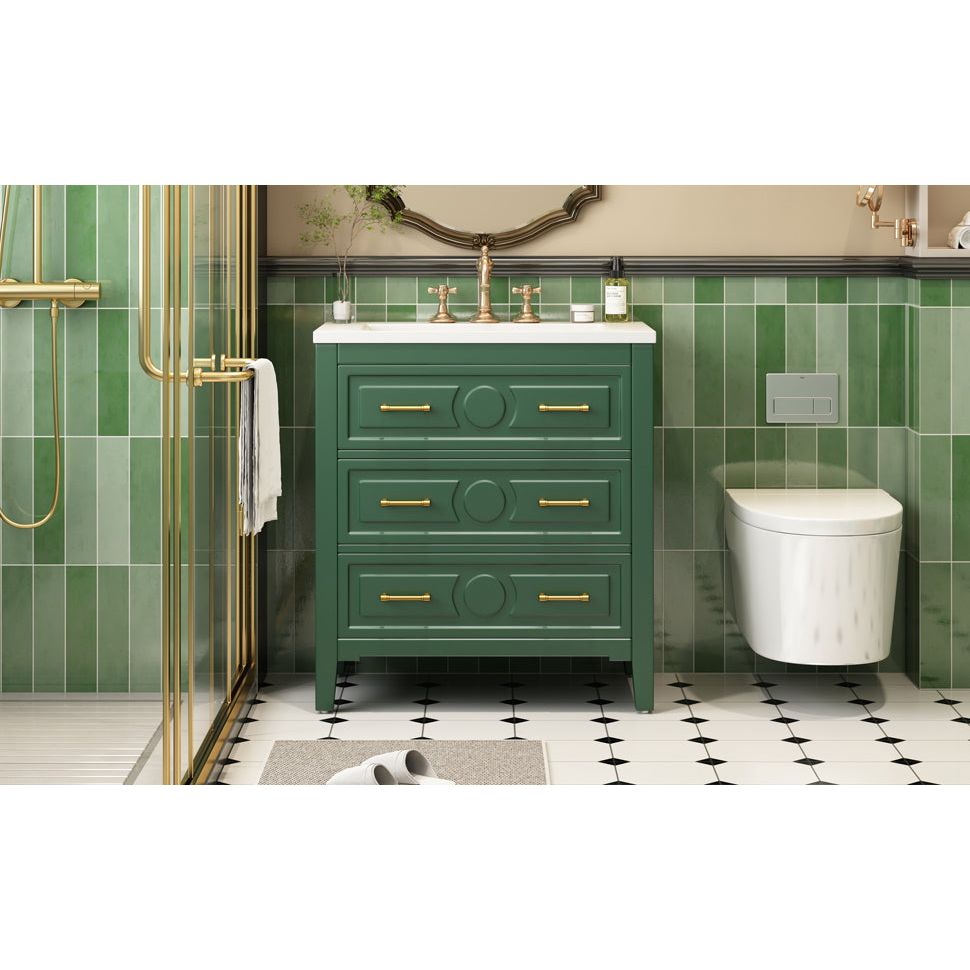 30" Bathroom Vanity with Resin Sink Combo, Free Standing Single Vanity Set with 3 Drawers, Solid Wood Frame Bathroom Storage Cabinet, Green